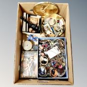 A box of contemporary costume jewellery, Midland bank money box, microphone, trinket box,