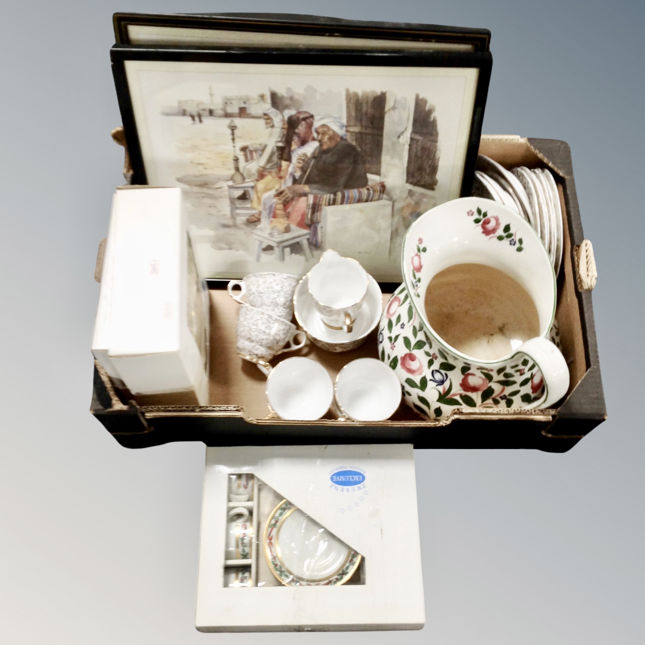 A box of middle eastern pictures, German coffee set,