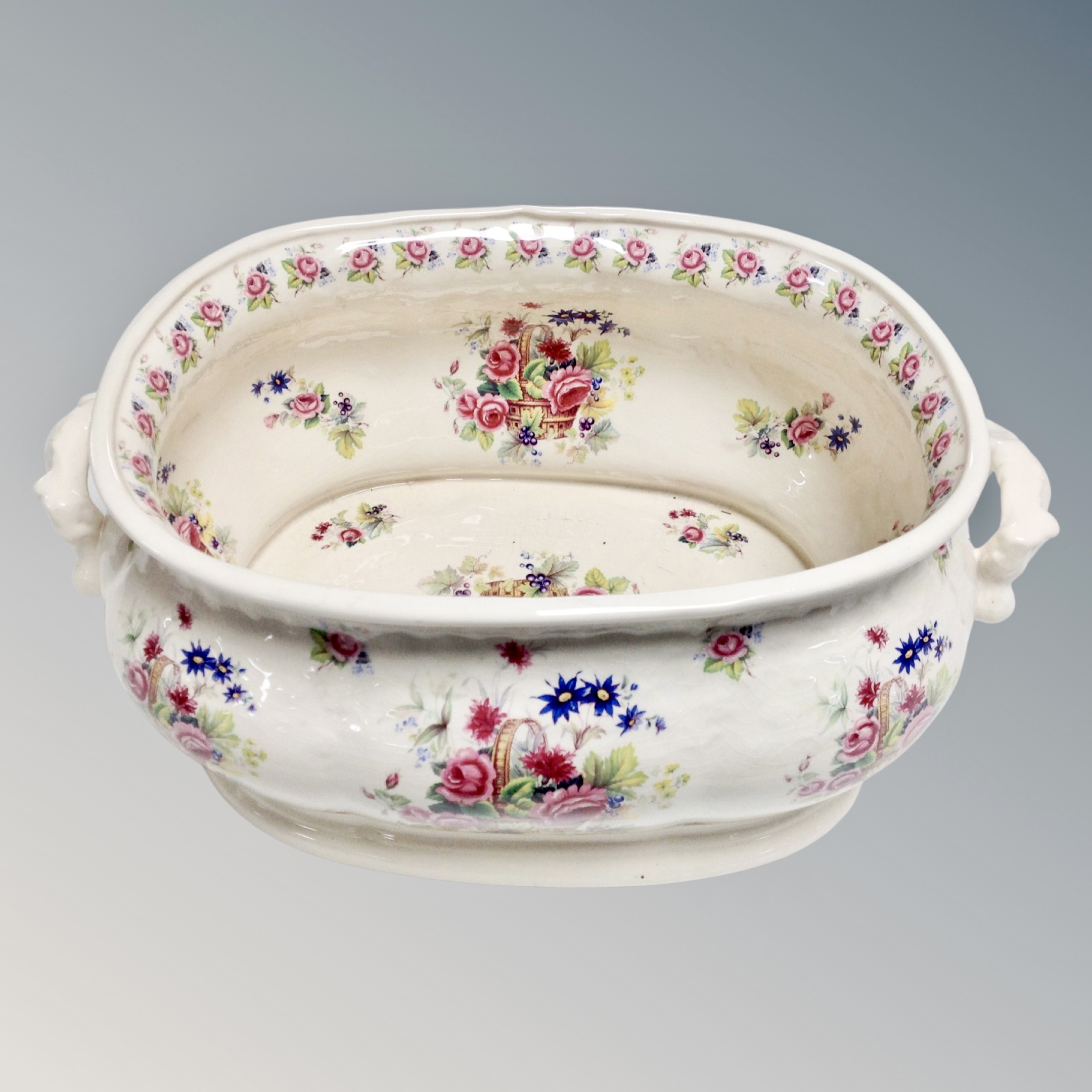 A cream floral wash jug and basin together with further twin handled foot bath - Image 2 of 2