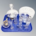 A tray of heavy cut glass fruit bowl, pair of Stuart crystal candlesticks, Kelarney crystal bowl,