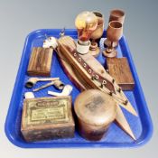 A tray of clay pipes and vintage treen, goblets, Jerusalem boxes, methodist box,