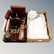 Two boxes of antique mahogany canteen, cased cutlery, table boxes, Gent's travel set,