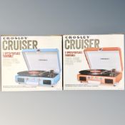 Two Crosley Cruiser 3-speed portable turntables, boxed.