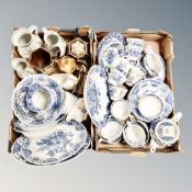 Two boxes of antique and later ceramics, Imari tea ware, three graduated jugs,