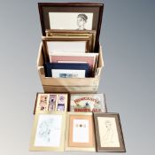 A box of assorted pictures and prints, oil on canvas, framed tapestries,