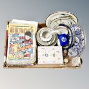 A box of assorted dinner ware, Ringtons china, glass ware, World of Beatrix potter figures,