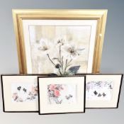 A set of three Chinese silk pictures - Birds and foliage,