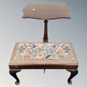 An antique mahogany pedestal occasional table together with a stool