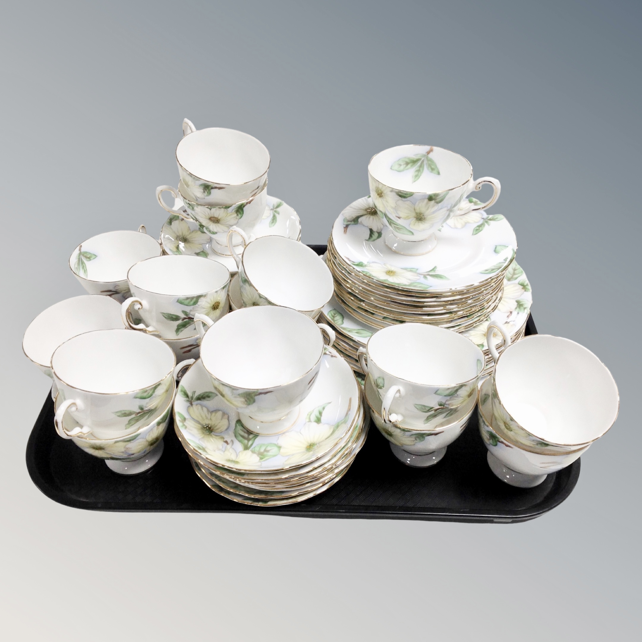 A tray of fifty pieces of Tuscan Dogwood bone tea china