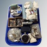 A tray of hip flask, antique and later keys, crucifix pendant, tin of crowns,