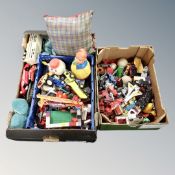 Two boxes of vintage toys, Lego, die cast vehicles,