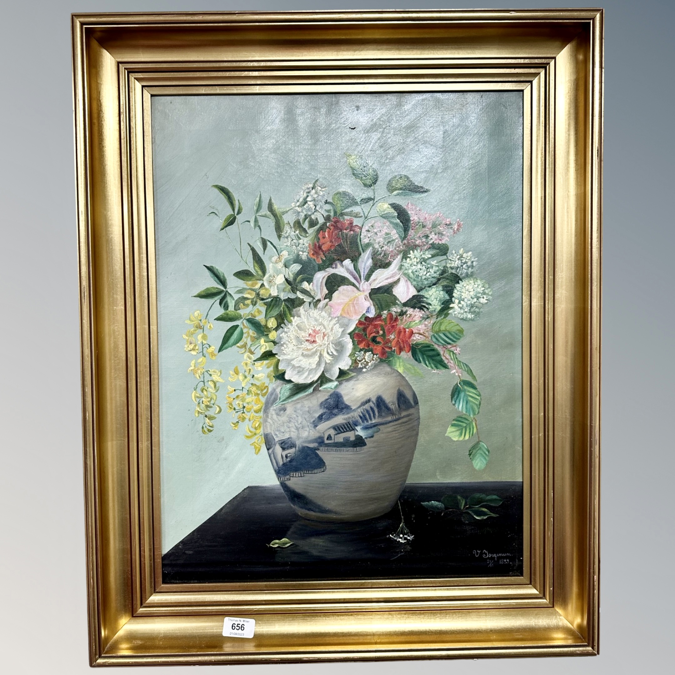 Continental School : Still life with flowers in a vase, oil on canvas, indistinctly signed,