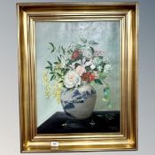 Continental School : Still life with flowers in a vase, oil on canvas, indistinctly signed,