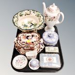 A tray of ceramics, Wedgwood Hathaway Rose coffee pot, Masons tureen with ladle on stand,
