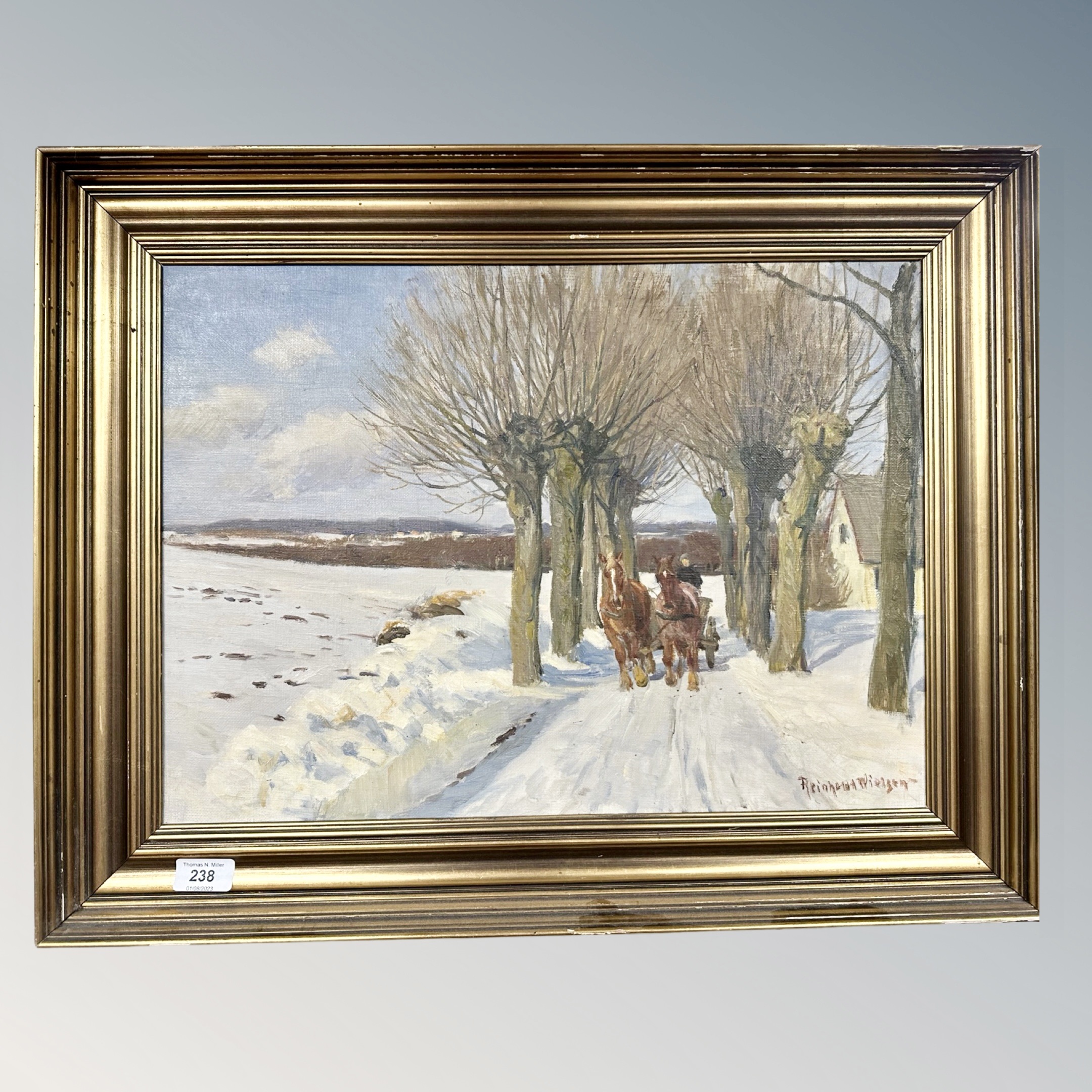 Continental School : Horses on a snowy track, oil on canvas, indistinctly signed.