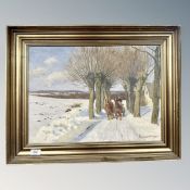 Continental School : Horses on a snowy track, oil on canvas, indistinctly signed.