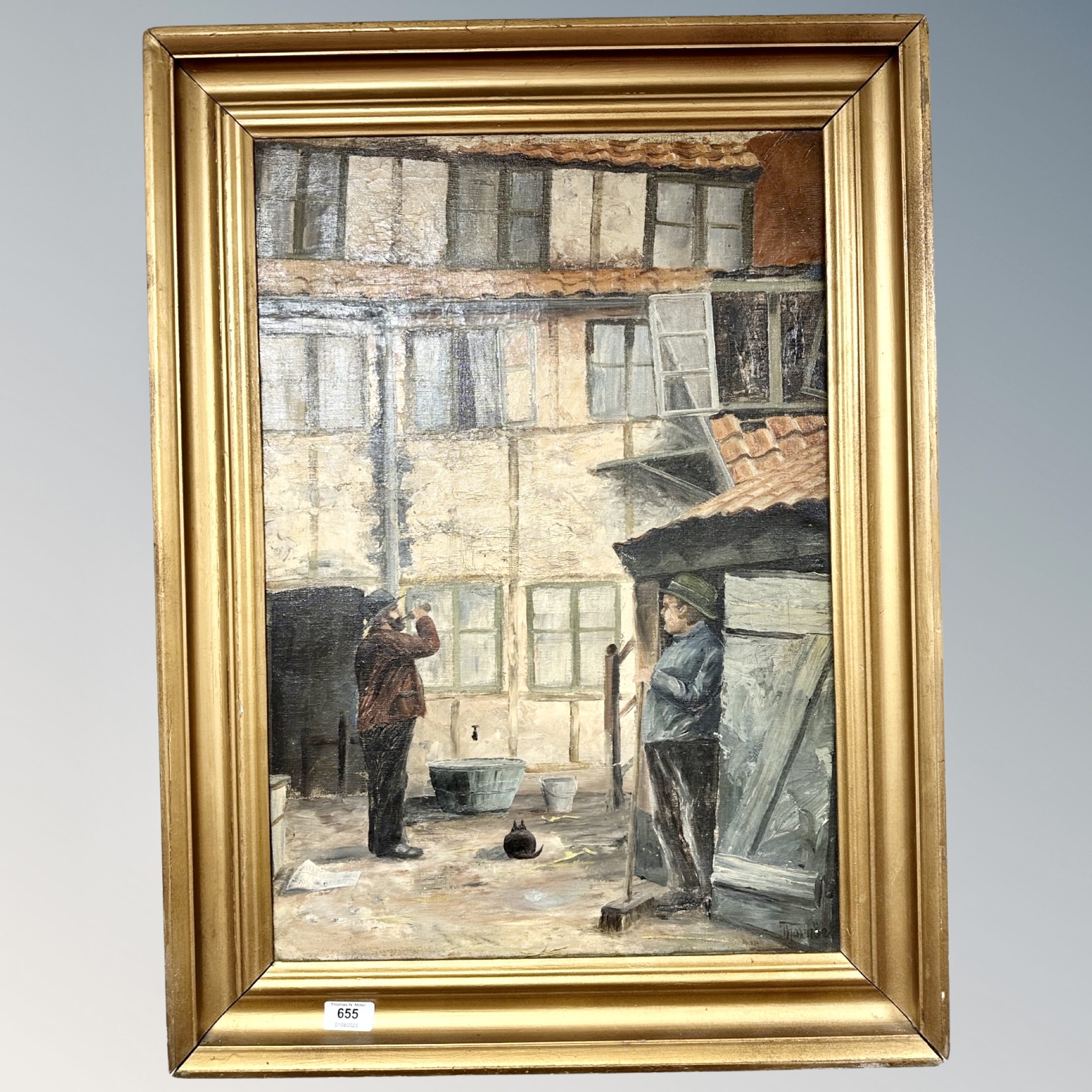 Continental School : Figures by a building, oil on canvas, indistinctly signed,