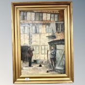 Continental School : Figures by a building, oil on canvas, indistinctly signed,