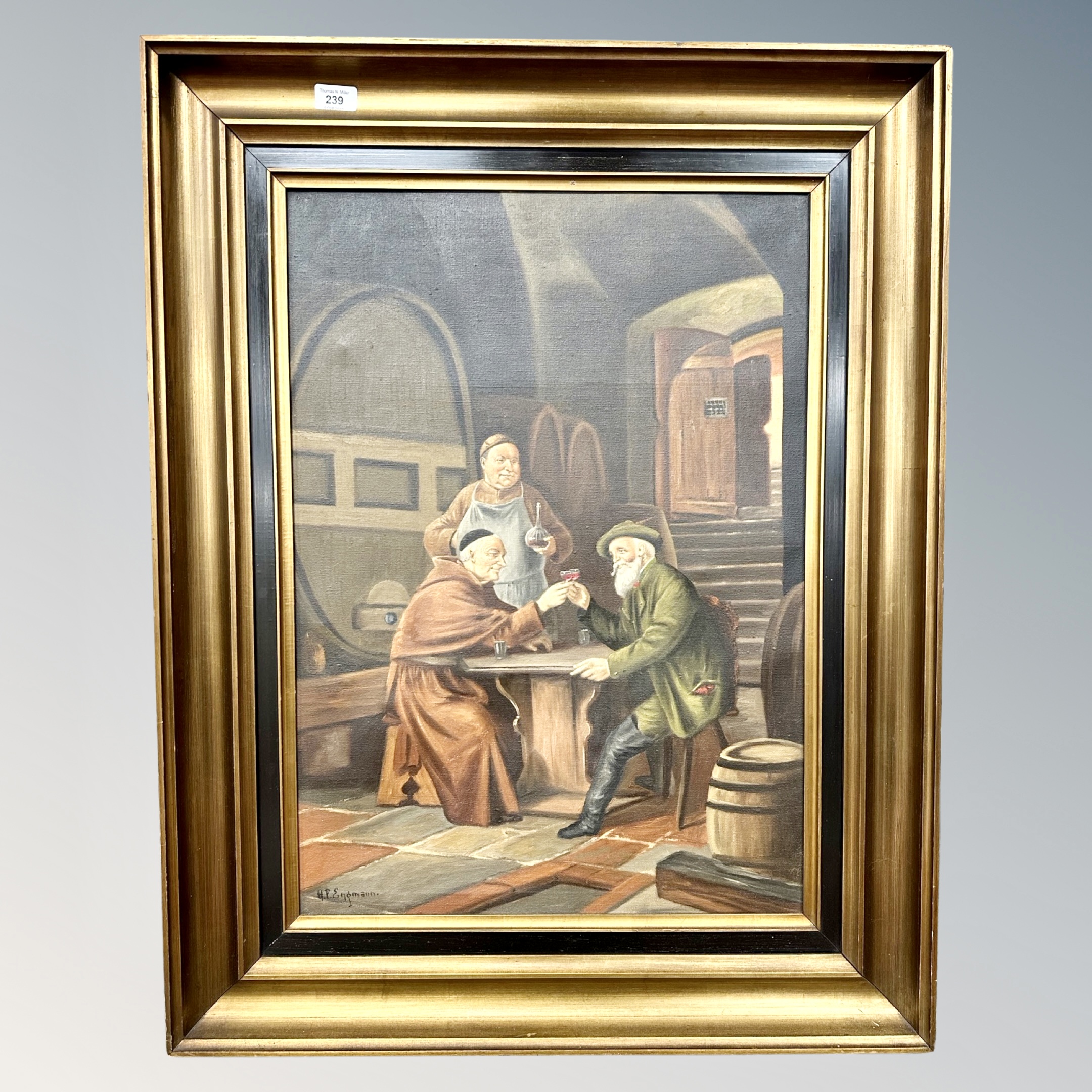 Continental School : Figures in a tavern, oil on canvas, indistinctly signed.