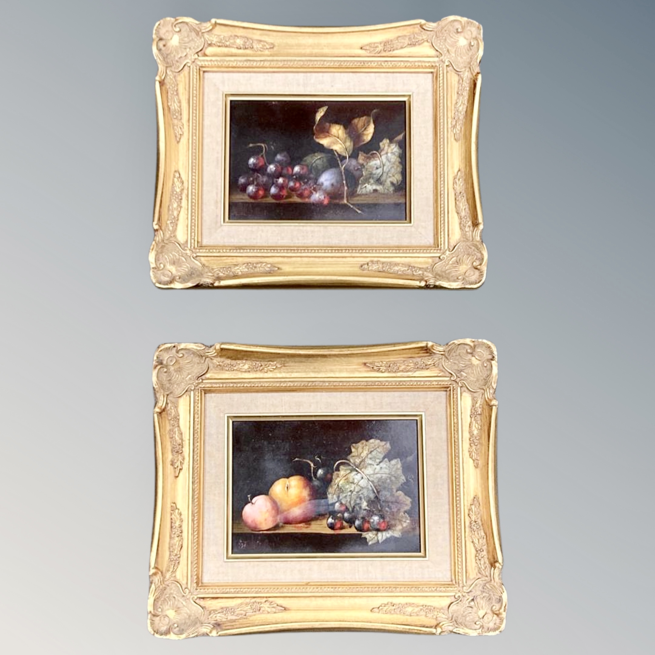 A pair of gilt framed still lifes after Szabo, each 17 cm x 12 cm.