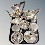 A tray of plated wares, teapot and coffee pot, sugar sifter,
