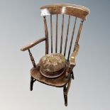 An antique kitchen spindle backed chair together with a Victorian tapestry stool
