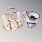 A four piece cut glass cruet set on silver plated stand together with Prince of Prussia Royal