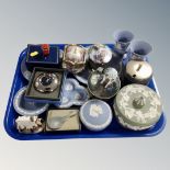 A tray of assorted Wedgwood Jasperware, three Thomas Kincaid lidded pots,