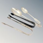 Two Georgian silver spoons, similar tongs,