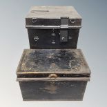 A Victorian lacquered metal deed box together with a further metal ballot box