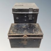 A Victorian lacquered metal deed box together with a further metal ballot box