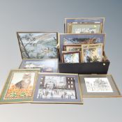 A box of assorted tapestries, prints,