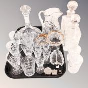 Two crystal whiskey decanters together with tray of crystal and glass, water jug, decanter,