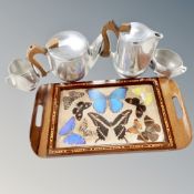 A 20th century tourist butterfly tray together with four piece Piquot tea service