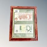 A framed Bank of England 10 Shilling and 1 pound note.