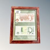 A framed Bank of England 10 Shilling and 1 pound note.