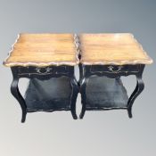 A pair of French style two tone lamp tables fitted drawer and undershelf