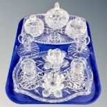 A tray of crystal dressing table trays, candlesticks and pots,