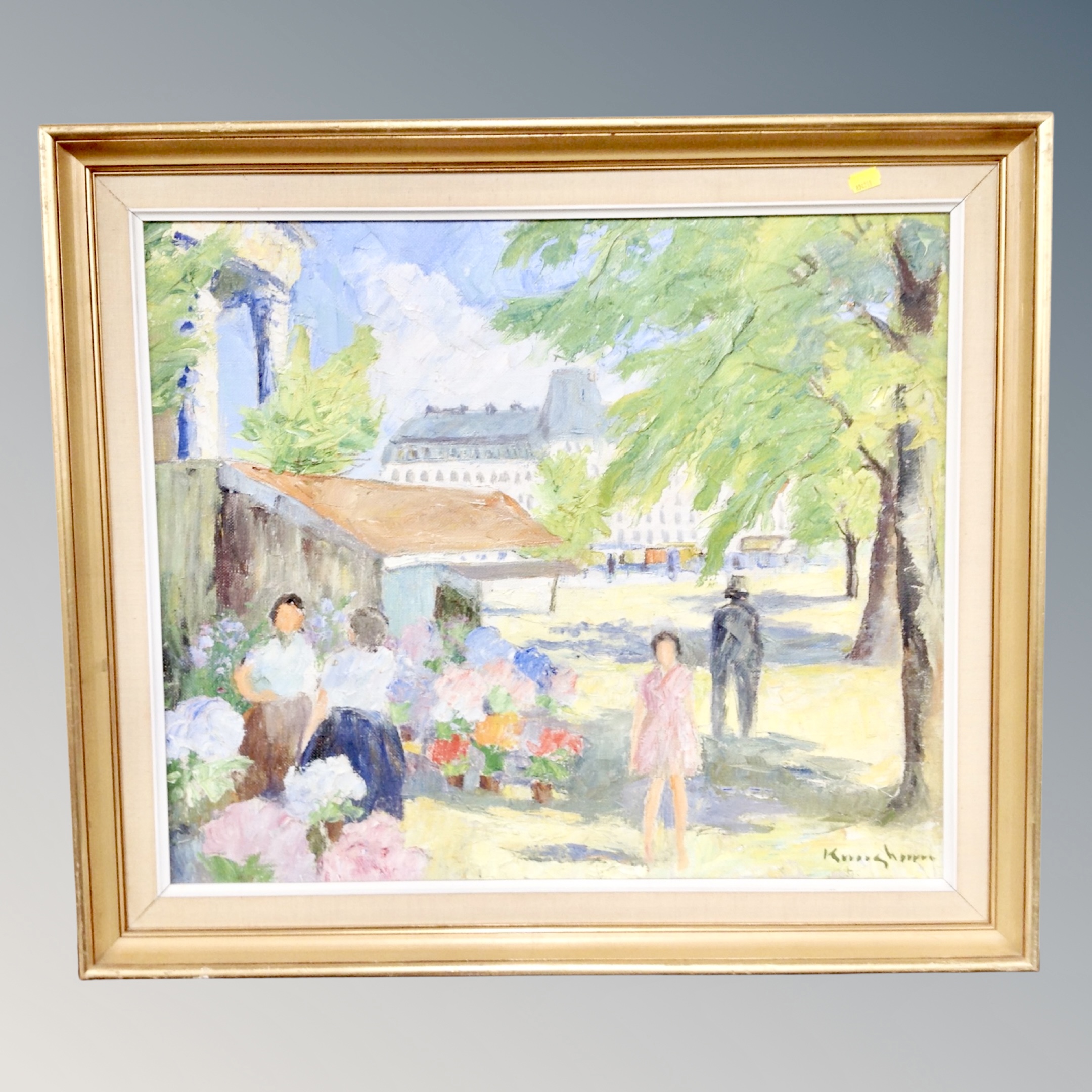 A Continental oil on canvas, Figures by a flower stall, indistinctly signed.