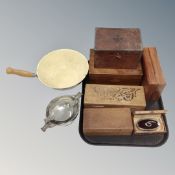A tray of six antique and later table boxes, one containing a clothes brush,