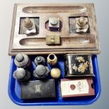 A tray of antique desk stand, ink wells, fountain pen ink, Japanese tin, ebonised trinket box,