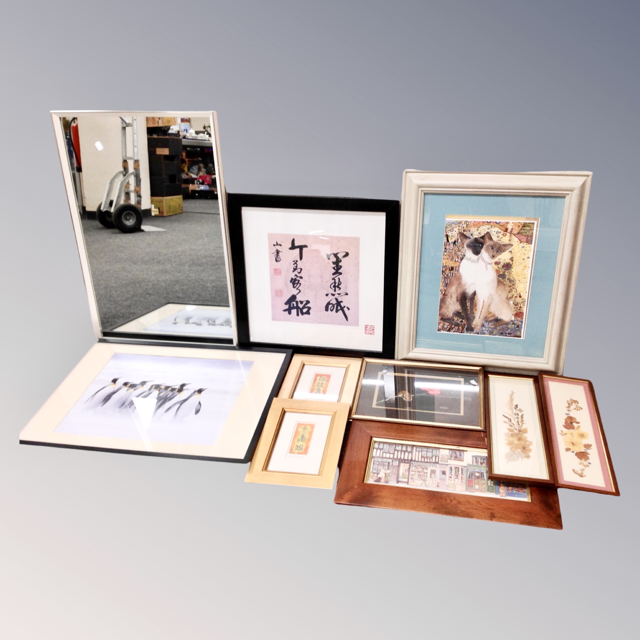 Nine assorted framed pictures and prints - Dried flowers, Chinese script,