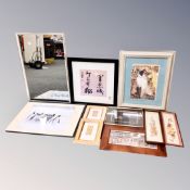 Nine assorted framed pictures and prints - Dried flowers, Chinese script,