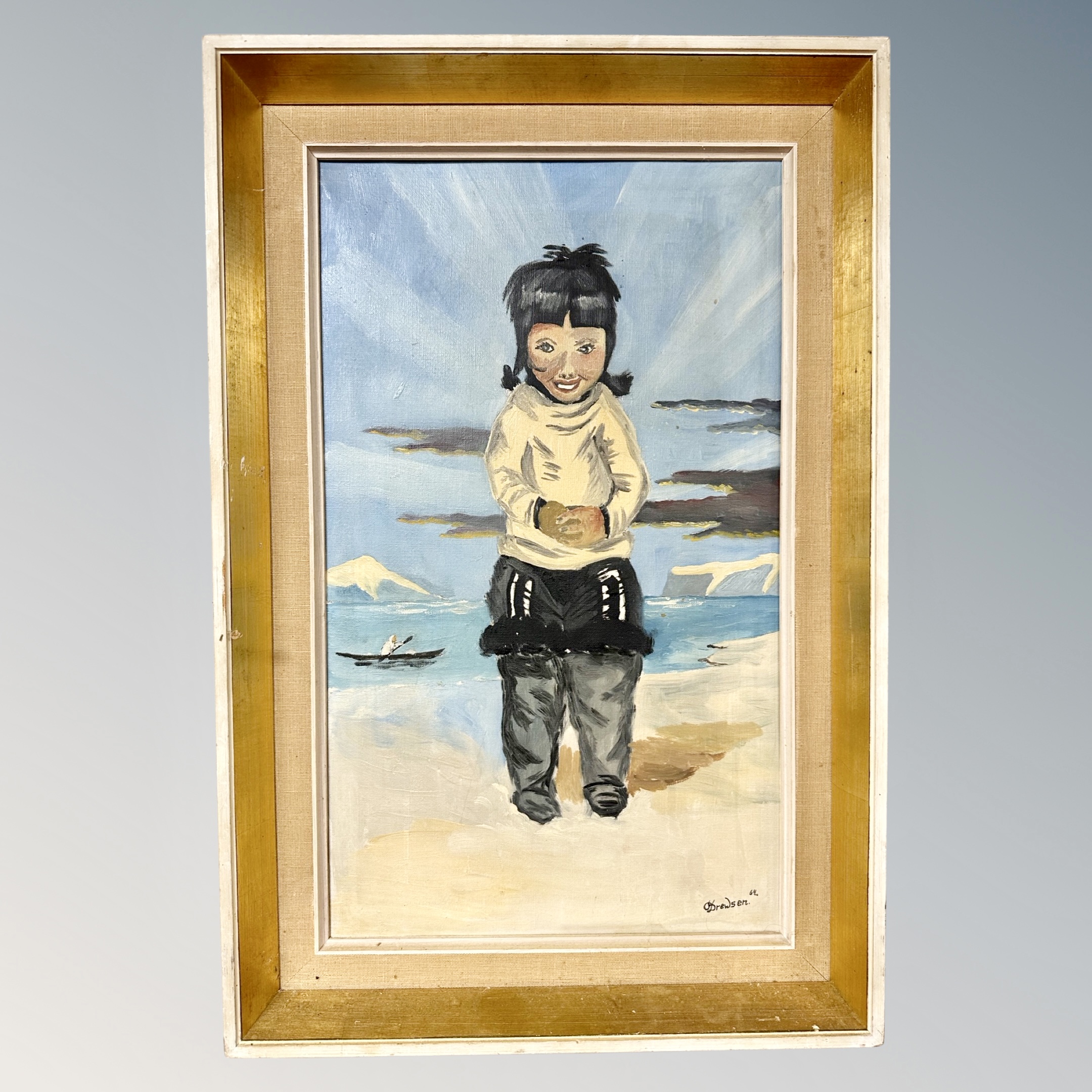 Brewson : Inuit child by a lake, oil on canvas, signed,