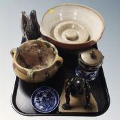 A tray of antique and later ceramics, glazed plant pot, kitchen mixing bowl, Willow pattern,