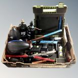 A box containing EGO eclipse paint ball marker with cylinders, paint ball hoppers, loaders,