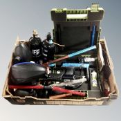 A box containing EGO eclipse paint ball marker with cylinders, paint ball hoppers, loaders,