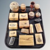 A tray of antique and later treen pieces, Mauchline ware, trinket boxes, snuff boxes,