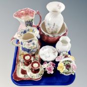 A tray of ceramics, Maling Peony rose trinket tray with candlesticks, Maling jug,