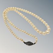 A strap of cultured pearls on silver marcasite clasp.